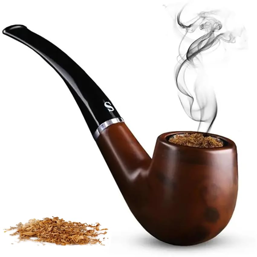 Image of Sanda Classic Tobacco Smoking Pipe, Resin Brown Wood Design with Black Stem, Traditional Curved Bowl Shape Cigar Pipe, Perfect Beginner Pipe, Gift Set