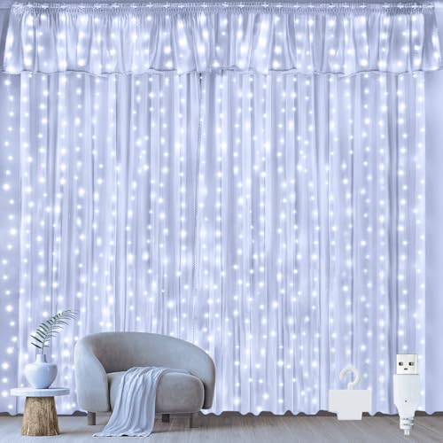 Ollny Rideau Lumineux Noel 3m x 3m, 300 LED Guirlande Lumineuse Rideau Blanc Froid USB Guirlande Lumineuse Imperméable pour Chambre Noël Mariage Anniversaire Fenêtre