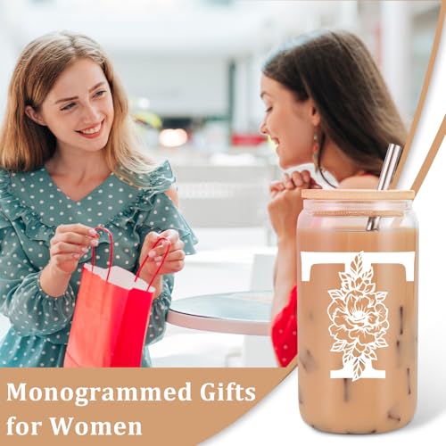 Image of Coolife Initial Glass Cup, Monogrammed Gifts for Women, 16 oz Tumbler w /Lid | Iced Coffee Smoothie Beer Tumbler w /Straw Lid - Personalized Christmas, Birthday Gifts for Woman Her Mom Friend