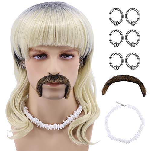 Blonde Cosplay Wig for Men Costume Set (6 Earrings - Mustache - Choker - Wig) (Wig + White Choker)