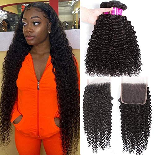 Brazilian Kinky Curly Bundles with Closure（24 26 28+22）10A Virgin Human Hair Bundles with Closure Remy Curly Hair 3 Bundles with Lace Closure Free Part Jerry Curl Hair Bundles
