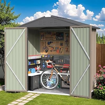 Greesum 6×4FT Outdoor Storage Shed, Metal Patio Storaged Sheds with Lockable Doors, Sheds & Outdoor Storage for Bike, Backyard, Pool and Garden, Brown