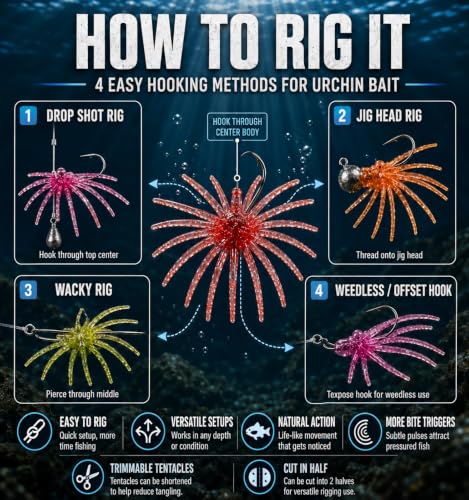DOHURCH 14PCS Fuzzy Dice Baits for Bass Fishing, Sea Urchin Soft Plastic Fishing Lures, Floating TPE Creature Baits, 3 Sizes for Freshwater - image 5