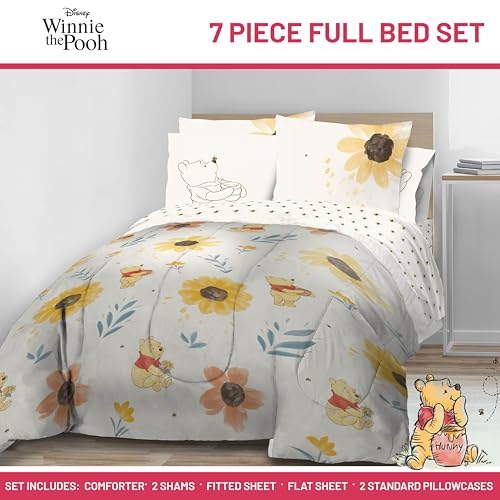 Image of Disney Winnie The Pooh Full Size Comforter Set 7 Piece Bedding, Beige | Bed in a Bag, Comforter Sheets Shams Pillowcases, Official Product, Soft Microfiber, Machine Washable, Kids Gift