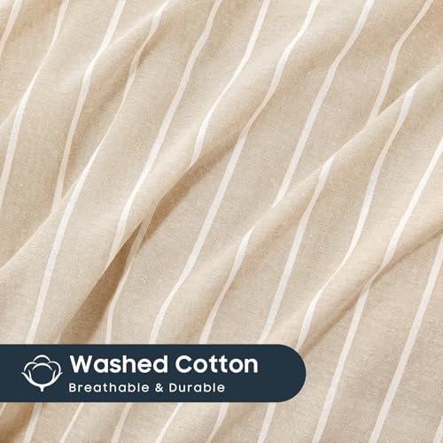 Image of Wake In Cloud - Striped Cotton Duvet Cover Set, Ticking Stripe Vertical Pinstripe Farmhouse, 100% Washed Cotton Textured Bedding Set, 3 Pieces, Tan, Twin /Twin XL Size