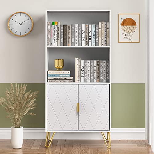 Anbuy White Open Shelf Bookcase With Doors, Floor Standing Display Cabinet Rack With Gold Legs, Wooden Bookshelf For Home Decor Furniture For Home, Office, Living Room, Bedroom #TOP22