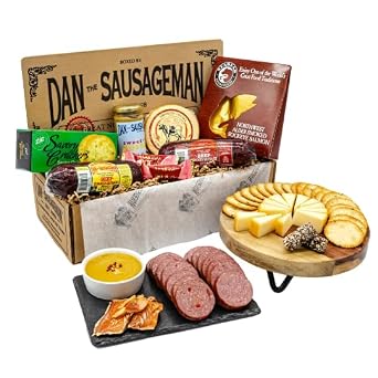 Dan the Sausageman Silver Star Gourmet Meat & Cheese Gift Box Original & Garlic Summer Sausages, Sweet Hot Mustard, Sockeye Salmon, Water Crackers, Almond Roca 8-Item Holiday Snack Box