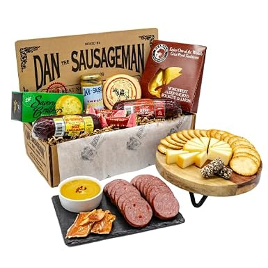 Dan the Sausageman Silver Star Gourmet Meat & Cheese Gift Box – Original & Garlic Summer Sausages, Sweet Hot Mustard, Sockeye Salmon, Water Crackers, Almond Roca – 8-Item Holiday Snack Box