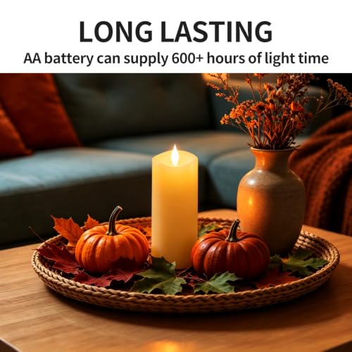 Image of Flameless LED Candles 3 inchx8 inch Set of 1, Battery Operated with Remote & Timer, 600-Hour on 2 AA Batteries, Flickering Realistic Flame, Ivory for Indoor /Outdoor