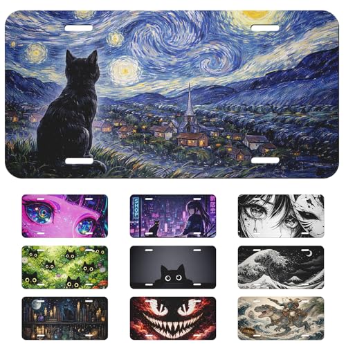 Cat Front License Plate Night Sky Village Moon Art Car Decorative License Plates Aluminum Metal Decor Accessory Novelty Vanity Tag Cover with 4 Holes for Men Women 6 X 12