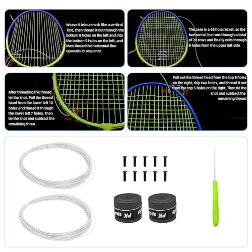 Image of Proberos Badminton Racket Strings Set, for 2 Rackets, Replacement String Repair Kit with Accessories & Tools, Nylon Fiber Strings, 0.78mm, Tension 26lbs, 10m Long Per Roll - White