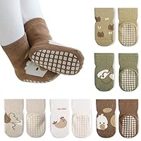 Auranso Baby Socks 5 Pairs Boys Non Slip Grip Socks Kids Girls Cotton Cartoon Animal Toddler Sock with Grips 6-12/12-18 Months, UK Size 1-9.5