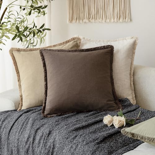 Image of Foindtower Set of 2 Decorative Linen Fringe Throw Pillow Covers Boho Farmhouse Cushion Cover with Tassels Soft Accent Pillowcase for Couch Sofa Bed Living Room Home Decor,18x18 Inch,Reddish Brown