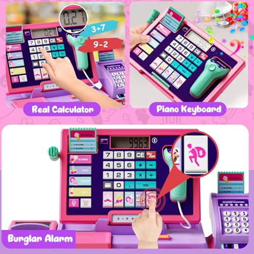 Image of Upgraded Kids Cash Register Toy for Boys Girls, Toddler Pretend Play Cashier Register with Shop Accessories, Calculator Cash Register with Scanner /Credit Card (Pink)