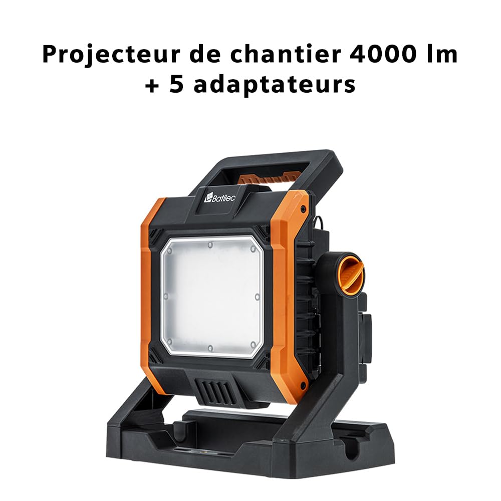 BATILEC - Baustrahler 4000 Lumen + 5 Adapter 18-20V kompatibel für Black & Decker, Bosch, Dewalt, Makita, Metabo, Milwaukee und Stanley Akku - IP65