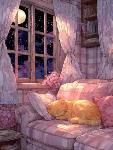 ペイントバイナンバー 猫 ナンバーペイント 月 大人用 初心者向け 手塗り 塗り絵 ハンドメイドクラフトアート 簡単 DIY 数字油絵 セット 含む インテリア アクリル 水彩絵の具, レトロ インテリア 壁飾り ホームデコレーション ギフト 額縁付き 3