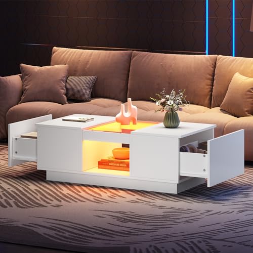 BTM Table Basse LED Moderne, Table Basse carrée avec revêtement en Verre, 2 tiroirs et 1 Compartiment Ouvert, Commande par app, Charge 35kg, 100x50x35.5 cm,...