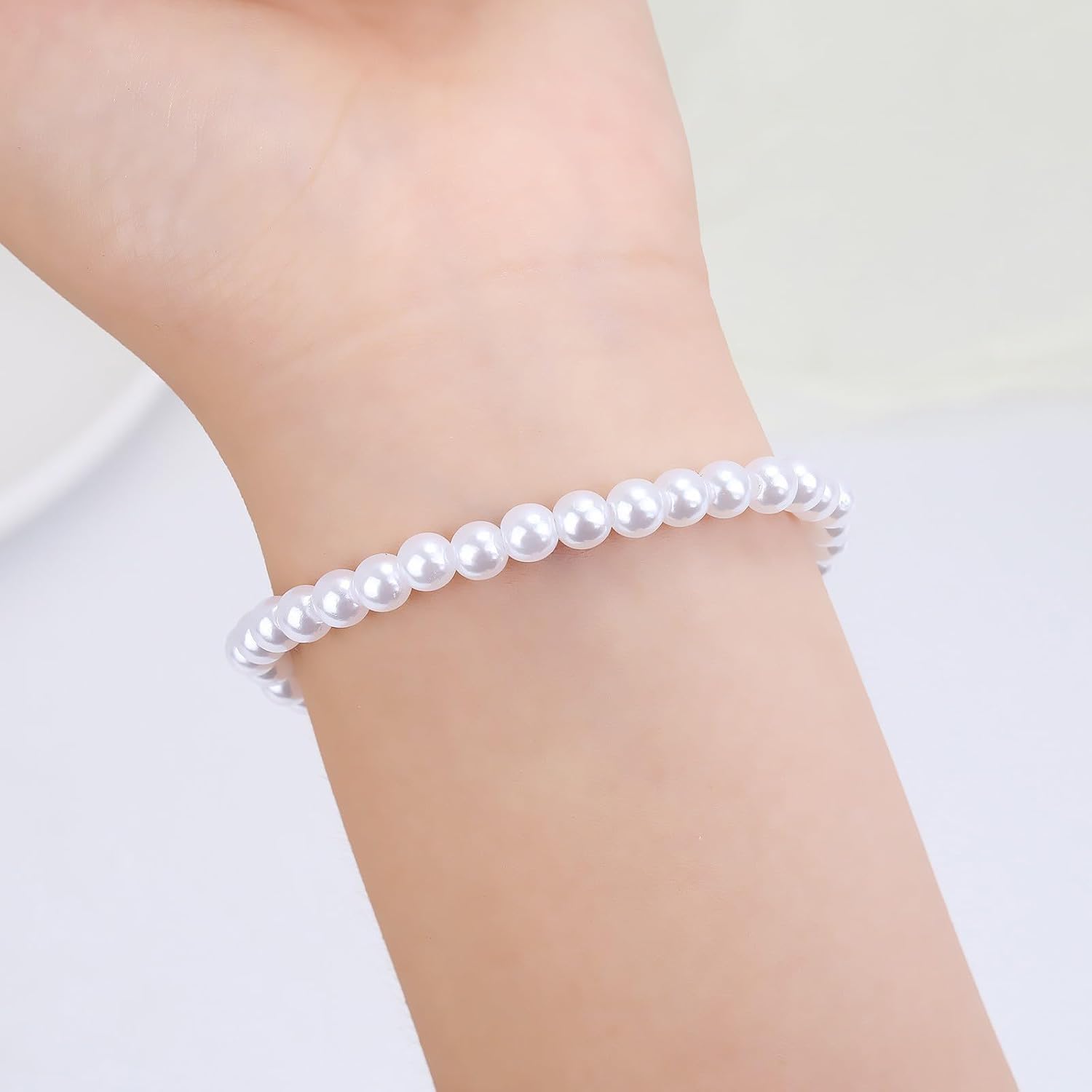 50Pcs Pearl Bracelets for Women,6mm Faux Pearl Bracelets Set,Stretch Pearl Bracelet Bridal Stackable Fake Pearls Bead Bracelets for Bridesmaid Party Gifts Wedding - Image 4