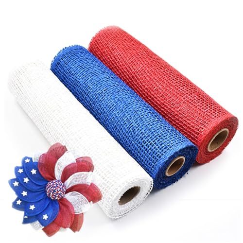 3 Rolls Patriotic Mesh Ribbon 10 inch x 5Yard Each Roll Patriotic Ribbons for Wreath Swags Red White Navy Blue Set for Wreaths Swags Craft Party and Decorating Supplies (Red&White&Blue)