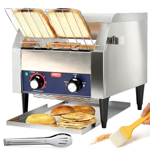 JOHAKYU Commercial Conveyor Toaster - 300 Slices/Hour, Heavy Duty Stainless Steel for Buns Bagels Bread Restaurant Use/Includes Cleaning Accessories