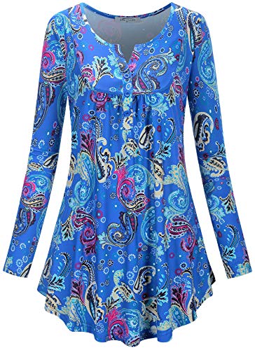 SeSe Code Floral Blouses for Women,Woman's Paisley Printed Button Top Long Sleeve V Neck Pleated Casual Flare Tunic Loose Blouse Shirt for Legging Multicolored Medium