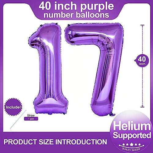 Image of Number 17 Purple Balloons 40 Inch Giant Purple 17 Number Foil Helium Balloons for 17th Purple Birthday Party Supplies 17th Anniversary Events Decorations