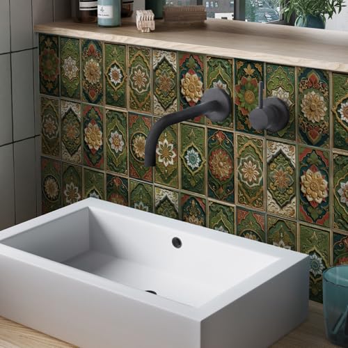 Azulejos Adhesivos Cocina Mandala Verde Marrón Vinilo Cocina Pvc Azulejos Adhesivos Baño Impermeable Baldosas Adhesivas Pared Duradero Revestimiento Pared Baño Vinilo Adhesivo 10.16x20.32cm/32 pcs