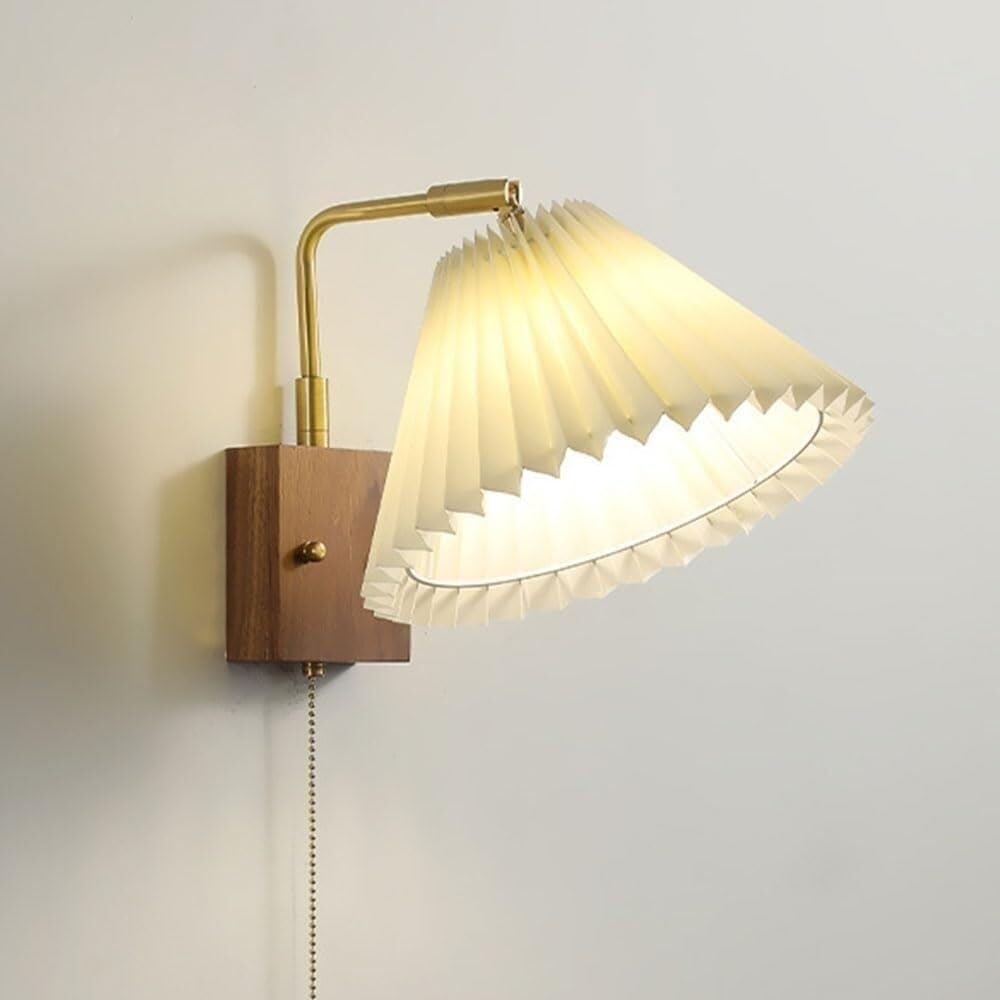 JKJZSALJ Japanese Light Luxury Retro LED Wall Sconce Pull Chain Switch Hardwire Rustic Farmhouse Wood Wall Light with Pleated Fabric Shade Vintage Brass Wall Mounted Lamp for Bedroom