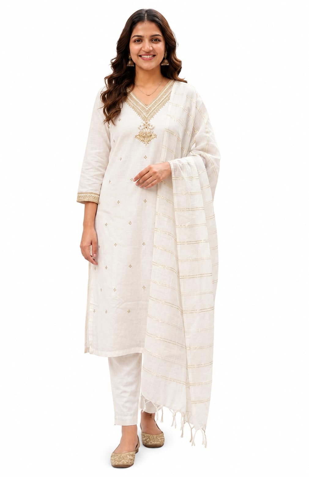 Vatican Silk Embroidered Salwar Kameez Set for Women | 3 Piece Ethnic Suit with Straight Kurta Palazzo & Soft Silk Blend Dupatta with Zari Embroidery | Cream/Off White-image-43