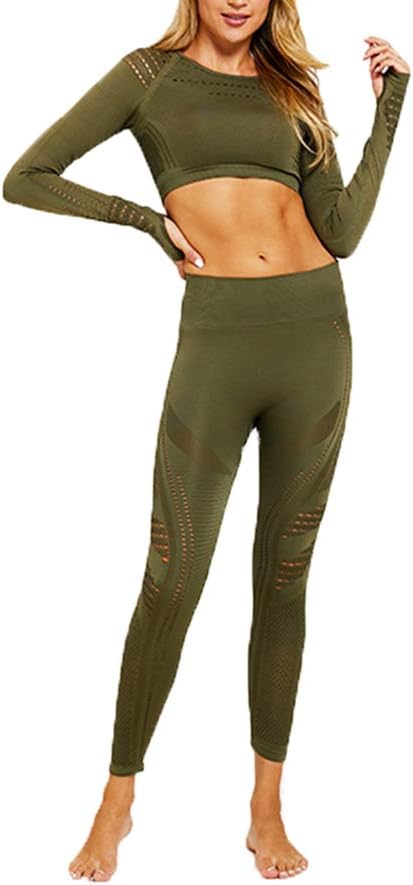 Hotexy Women's Workout Sets 2 Pieces Outfits Long Sleeves Active Crop Top with Yoga Legging Runing Gym Clothes Tracksuit