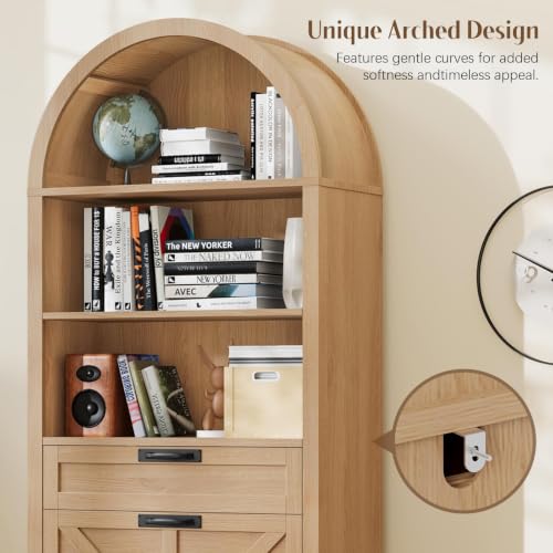 Image of Vabches 71 inch Tall Arched Bookcase with File Cabinet Drawers, Natrual | Farmhouse Freestanding Wooden Bookshelf, 3-Tier Large Open Display Storage Shelves for Home Office Living Room