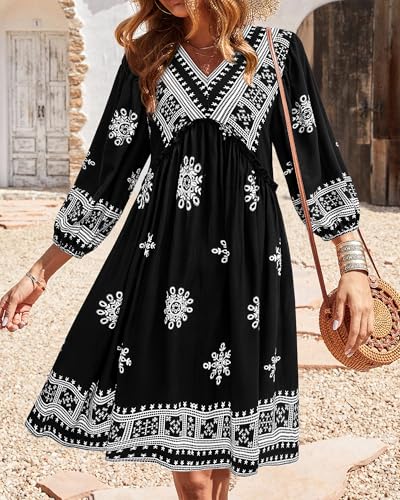 Image of BTFBM Women Casual Spring Summer Dresses V Neck 3 /4 Long Sleeve Ruffle Floral Flowy Boho Babydoll Mini Short Beach Dress