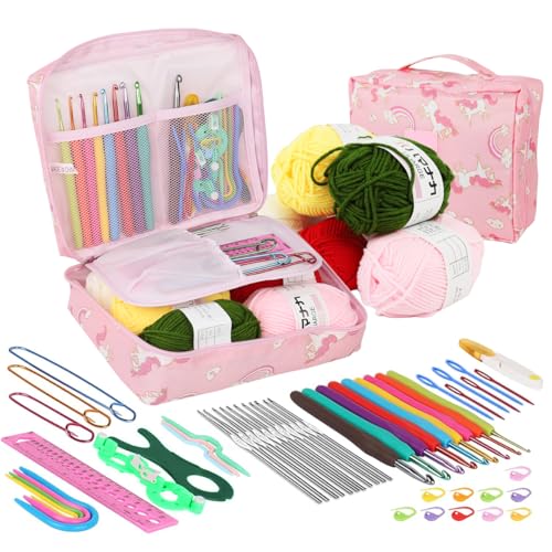 Image of HASTHIP Crochet Kit for Beginners Adults, Crochet Kits Include Yarn, 107Pcs Crochet Starter Kit for Beginners Kids, Ergonomic Crochet Hooks Travel Knitting Crochet Supplies, Pink