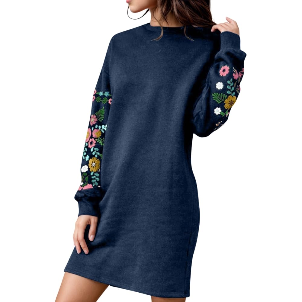 Womens Fall Winter Oversized Embroidery Flower Floral Long Sweater Casual Crew Neck Long Sleeve Pullover Sweatshirt