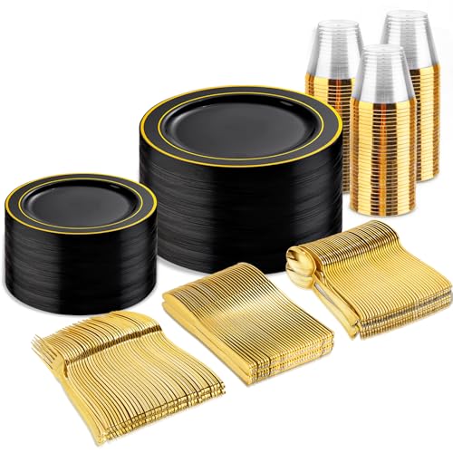 bUCLA 300PCS Black and Gold Disposable Dinnerware Set - 50 Guests Black Plastic Plates with Gold Rim...