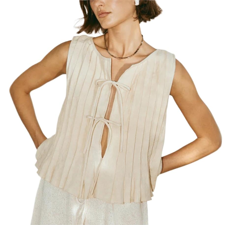 Women Summer Linen Tank Tops Coquette Bow Tie Front Top Shirt Vest Babydoll Ruffle Tops Cute Shirts Aesthetic Clothes Medium Beige