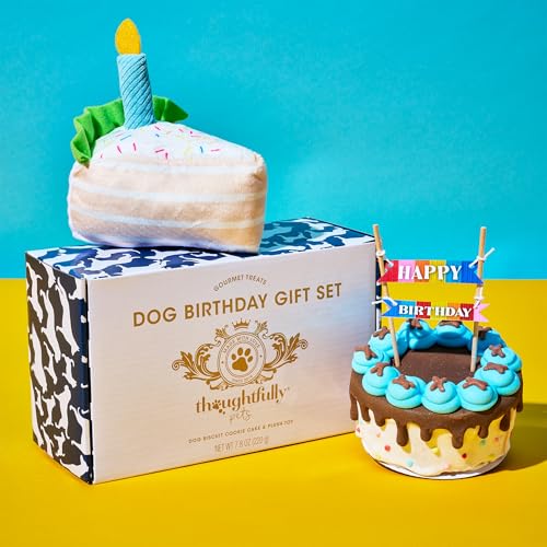 Image of Thoughtfully Pets Dog Birthday Cake and Plush Toy Set, Mini Cookie Cake Treat with Birthday Banner Decoration, Puppy Party Celebration Gift, Hand Decorated Hollow Biscuit Treat for Dogs