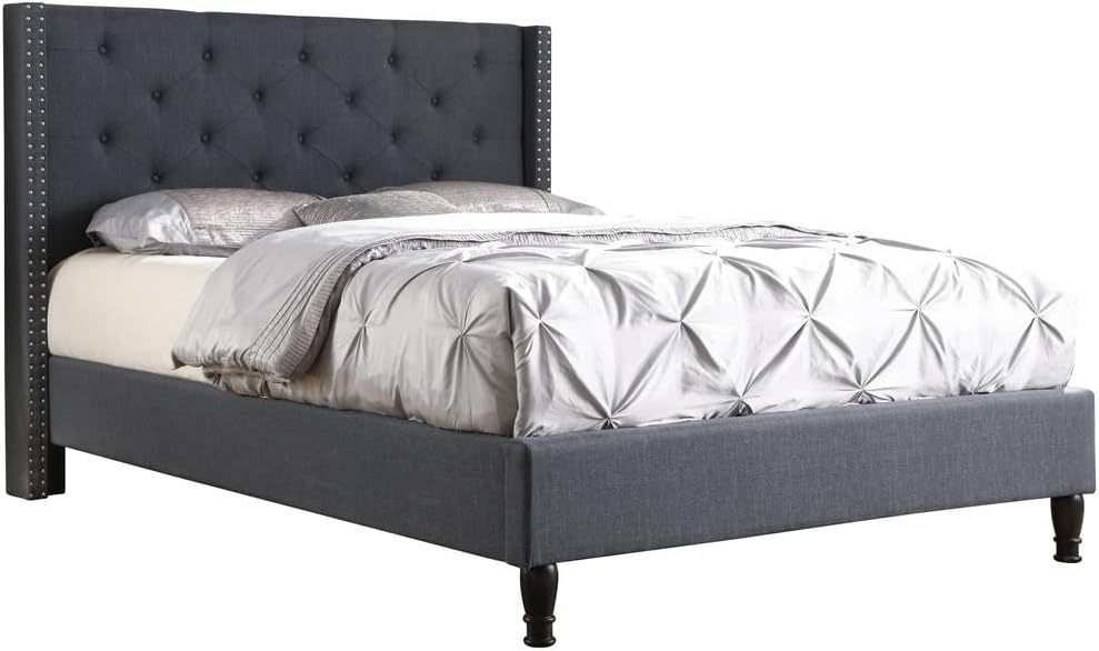 Oliver & Smith Upholstered Platform Queen Bed Frame - 51" Tall Button Tufted Headboard - Wood Slat Support - Blue – Durable - Easy Assembly