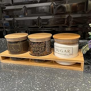 Glass Tea Coffee Sugar Jars canisters set Bamboo Lid & Stand Kitchen Storage