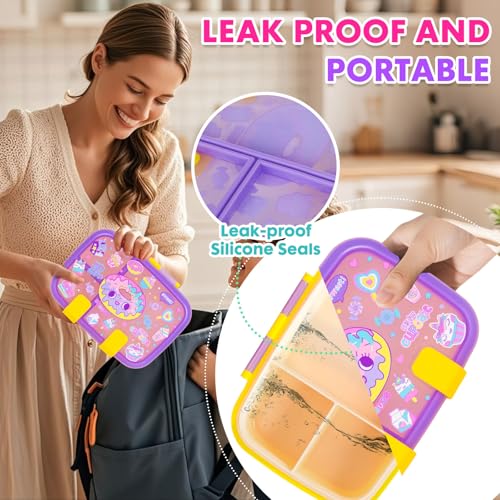 Image of Cute Cartoon Bento Lunch Box for Kids, 800ml /27oz BPA-Free Leak-Proof Food Containers with 3 Compartments, Dishwasher Safe, Back to School Students Lunches Size for Ages 3-7