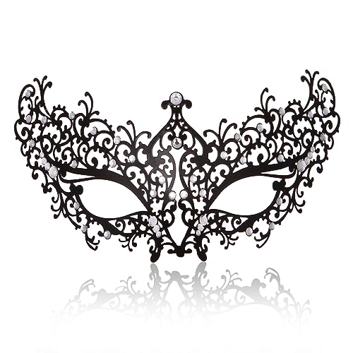 MYMENU Masquerade Mask for Women Shiny Rhinestone Metal Mask Venetian Mask for Party Prom Ball (Flower Black)
