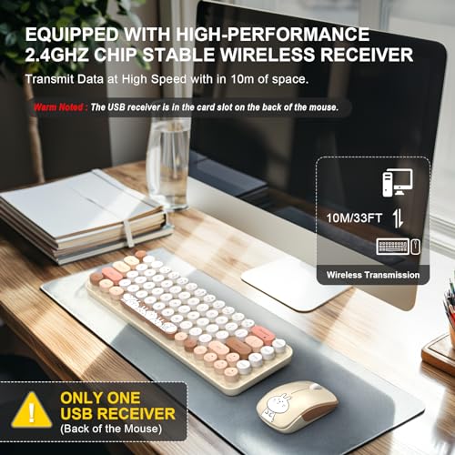 Image of FOPETT Wireless Keyboard and Mouse Cute Mouse and Keyboard 2.4G Wireless Keyboards with Colorful 68 Keys Typewriter Retro Round Keycap for PC, Laptop,Tablet,Computer Windows - Milk Tea Colorful