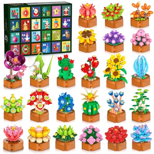 HOGOKIDS Advent Calendar 2025 Flowers Mini Building Set for Kids Adults - 24 Day Succulent Flower Christmas Countdown Calendar 3.6MM Blocks Toys, Xmas Gift Box Set for Boys Girls Women Men Age 10+