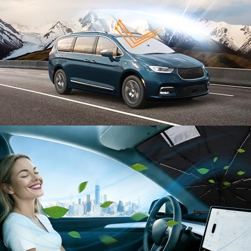 Image of Windshield Sun Shade Umbrella for 2017-2026 Pacifica Minivan for Chrysler | Full covered for windshield, Block UV Rays, Heat Reduction, Easy to install, Durable & Fold Up Small