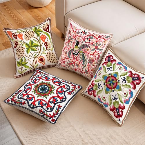 Throw Pillow Covers Pack of 4 Handmade Embroidered Linen Pillowcase Covers 45x45cm Boho Decorative Vintage Floral Towel Embroidery Cushion Case for Sofa Bedroom Living Room Office18x18
