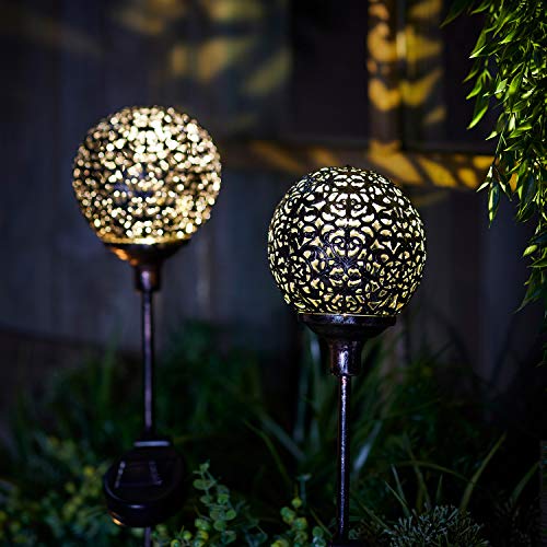 Lights4fun Outdoor Garden Set of 2 Metal Moroccan Ball Solar Stake Lights Warm White LED 75cm IP44
