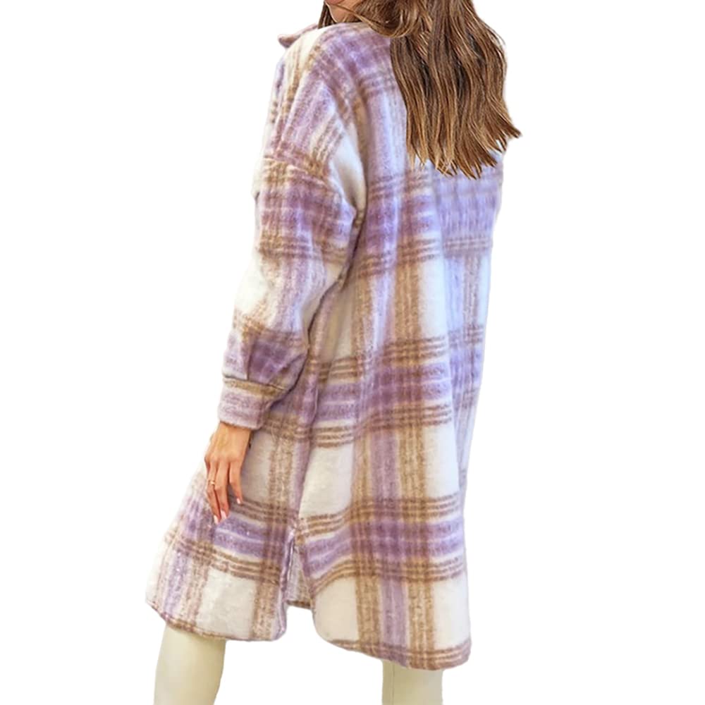 Women Duffle Coat Windbreaker Oversize Plaid Maxi-Long Shacket Baggy Flap Pocket Jacket Overshirt Loose Button Trench