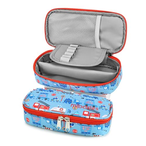 Image of mibasies Boys Pencil Case for Kids, Multi-Slot Pencil Pouch, Car Blue