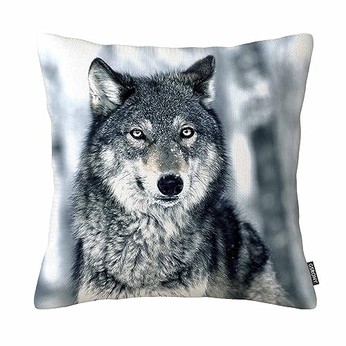 Housse de coussin décorative en coton et lin Motif loup 45,7 x 45,7 cm