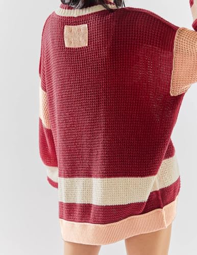 utcoco Women's Casual Button Down Cardigan Sweaters Long Sleeve V Neck Color Block Knit Sweater Coat Outwear4